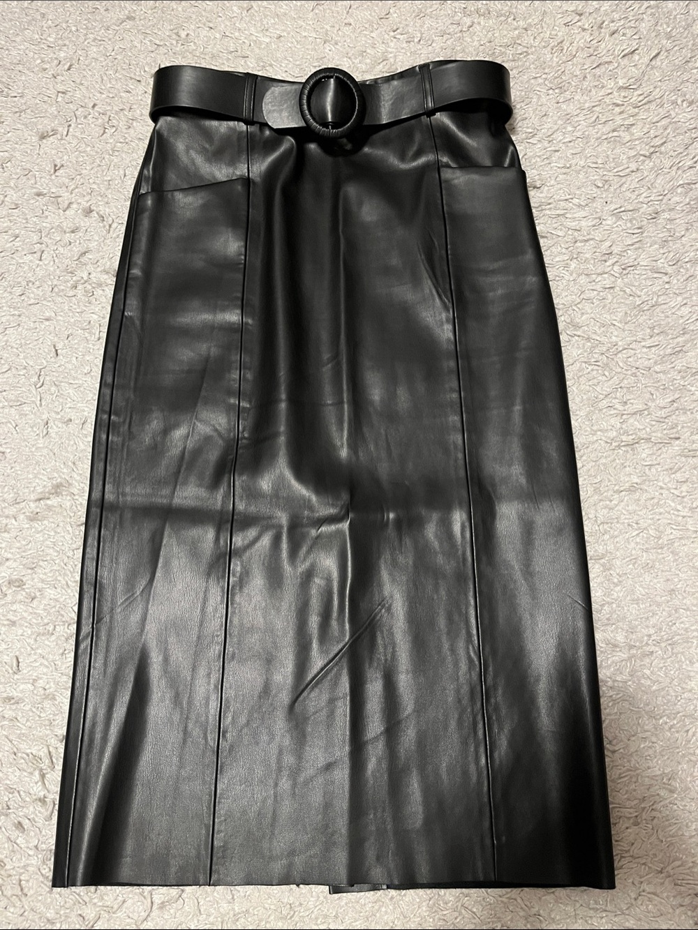 Suzy Shier Black Faux Leather Pencil Skirt with Belted Waist
